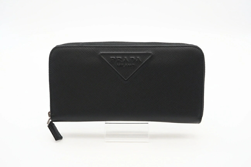 Prada Saffiano embossed round zip wallet Black leather